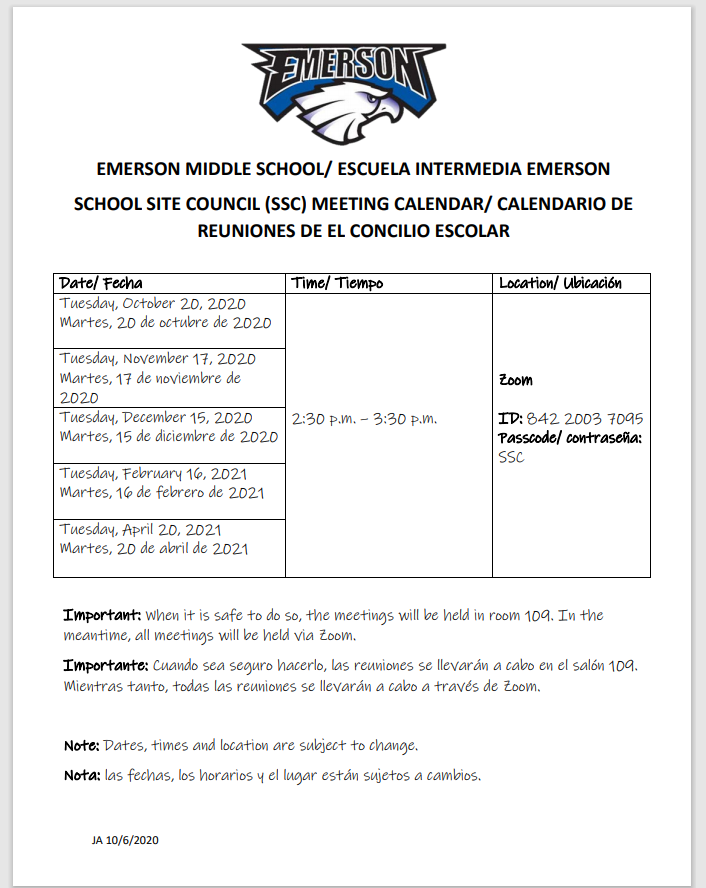 SCHOOL SITE COUNCIL (SSC) MEETING CALENDAR/ CALENDARIO DE REUNIONES DE EL CONCILIO ESCOLAR