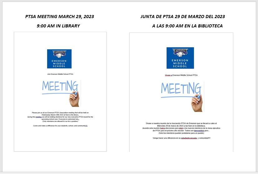 PTSA Meeting 3-29-23 @ 9:00 am / Junta de PTSA 3-29-23 a las 9:00 am