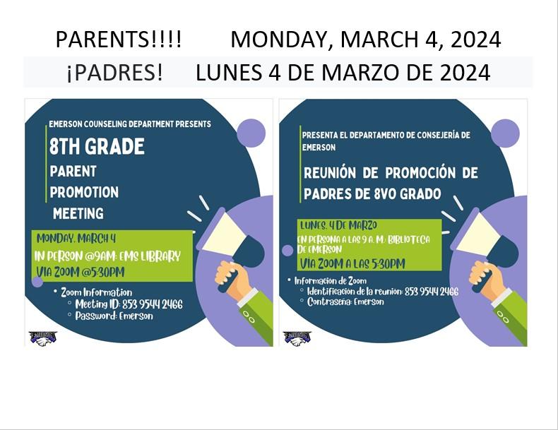 Grade 8 Parent Meeting/ Junta para padres de ocho grado 3/4/2024