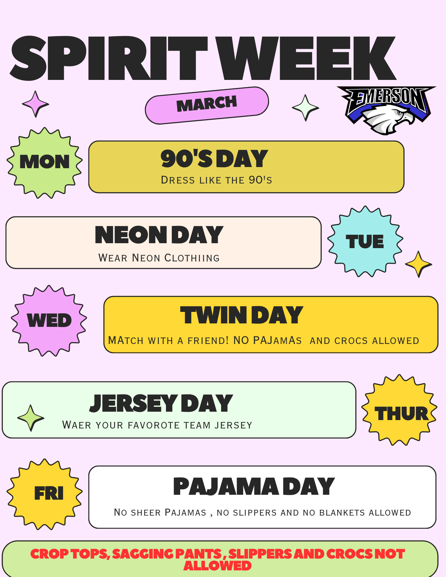 March Spirit Week March 25th to March 29th